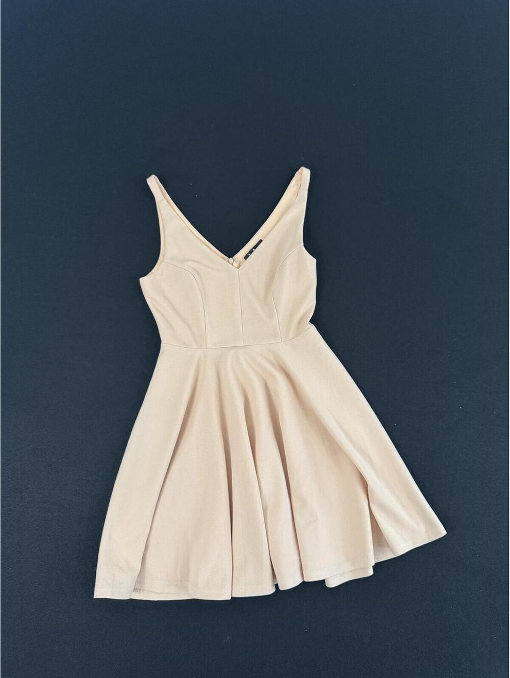 Sleeveless Beige V-Neck Fit and Flare Dress